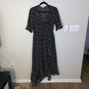 High-Low Black Floral Wrap Dress With Ruffles